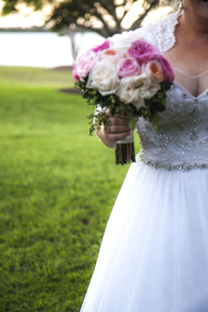 Jen's wedding dress and flowers