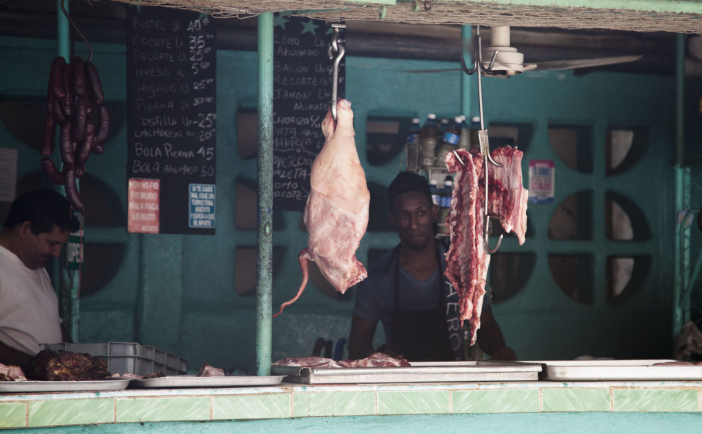 Meat hanging at a butcher in Havana, Cuba