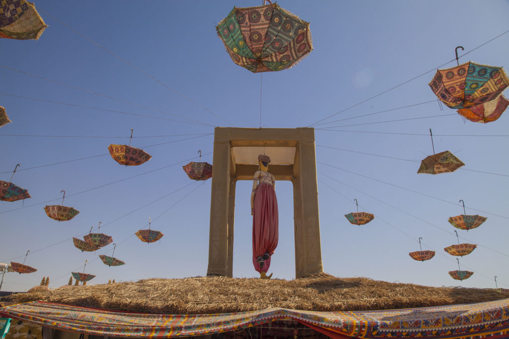 Umbrellas hanging around building at Rann Utsav, Gujarat, India