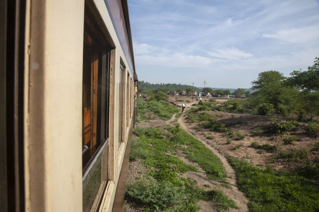 Passing Hwange National Park on Bulawayo to Victoria Falls train Zimbabwe copy